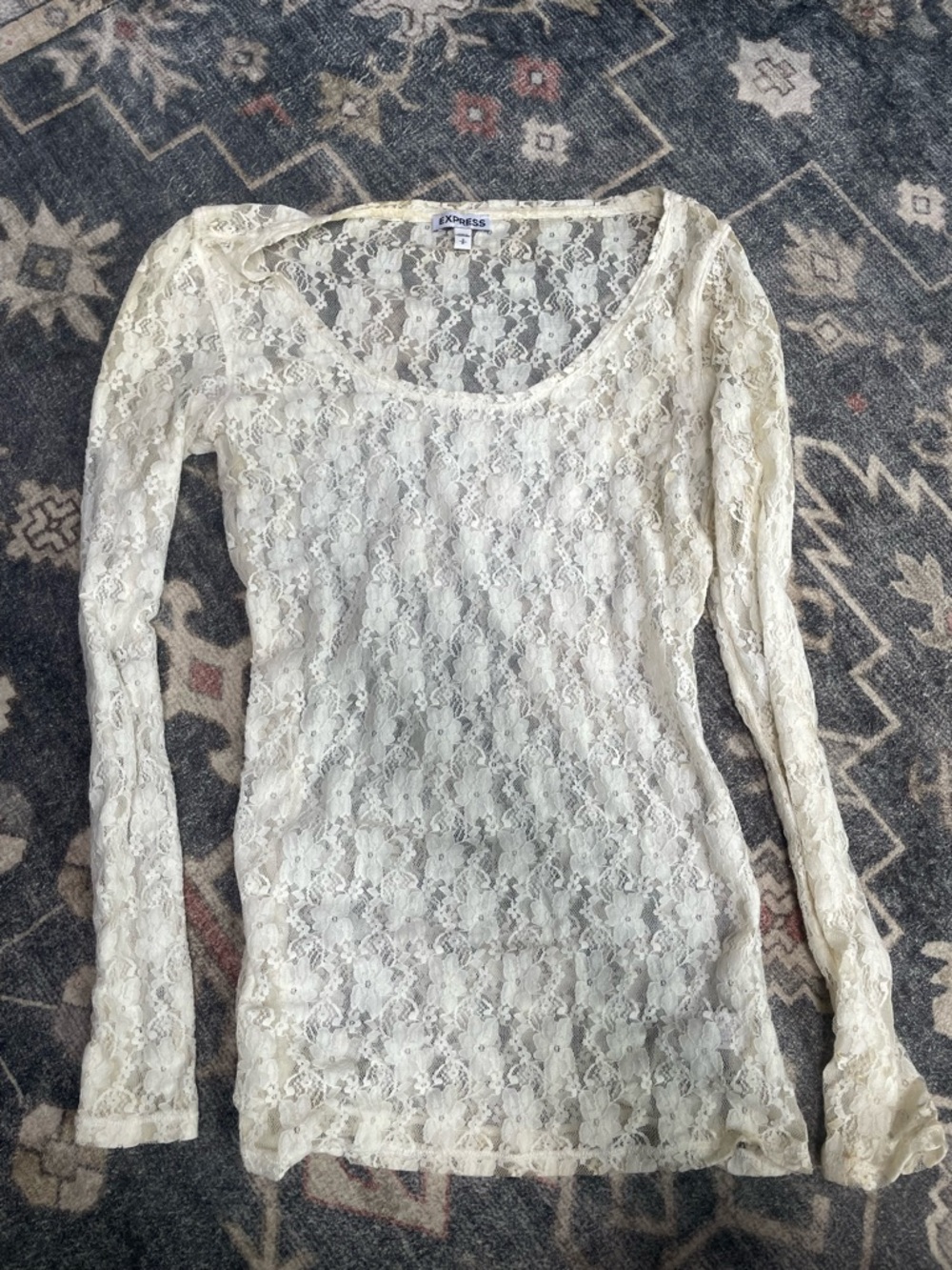 Express Ivory Lace Long Sleeve Scoop Neck Top